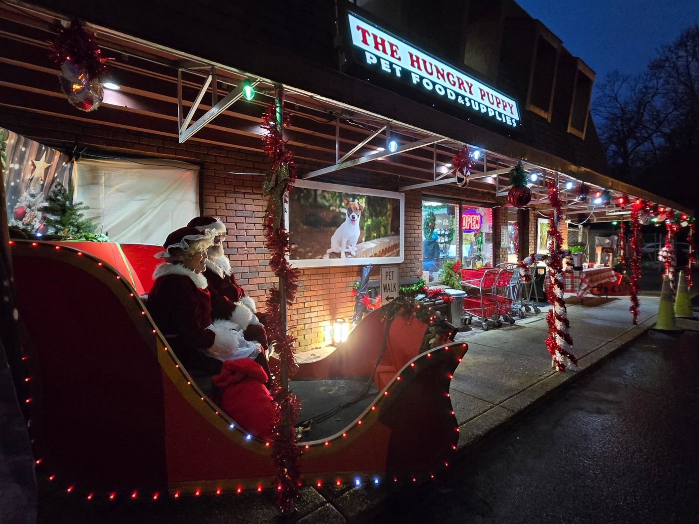 Santa and Mrs. Claus in the lighted sleigh outside The Hungry Puppy